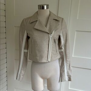 Theory Beige coated linen moto Jacket with White leather trim /zippers